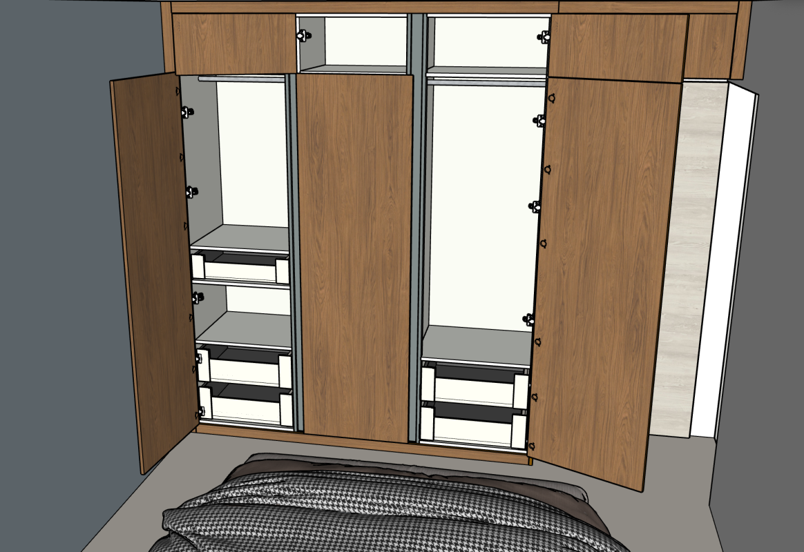 Modélisation 3D d’un dressing sur mesure avec façades bois et aménagements intérieurs